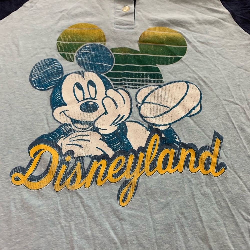Disneyland Womens Top Mickey Mouse 3/4 Sleeve Henley Raglan Blue Retro Shirt - Picture 8 of 9